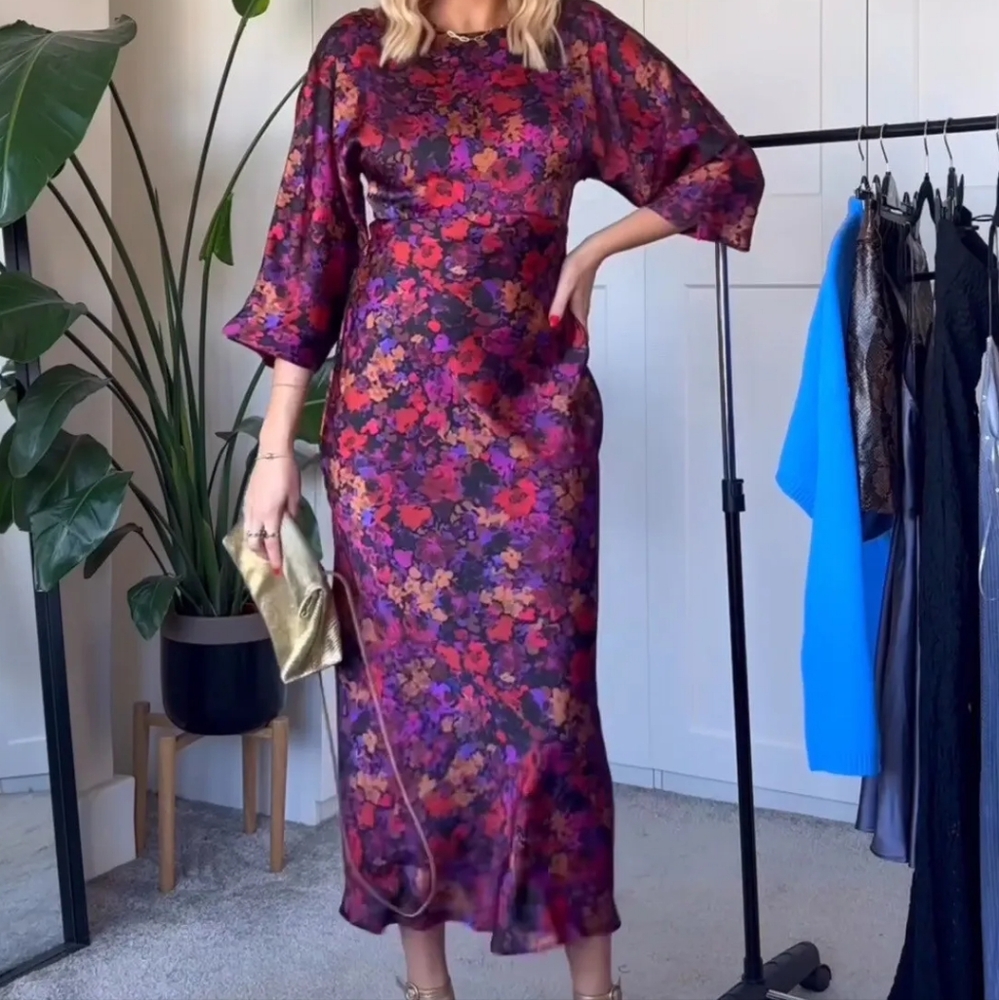 Zara satin effect midi-dress multicolored floral Fuschia Pink  Sz M NWT.